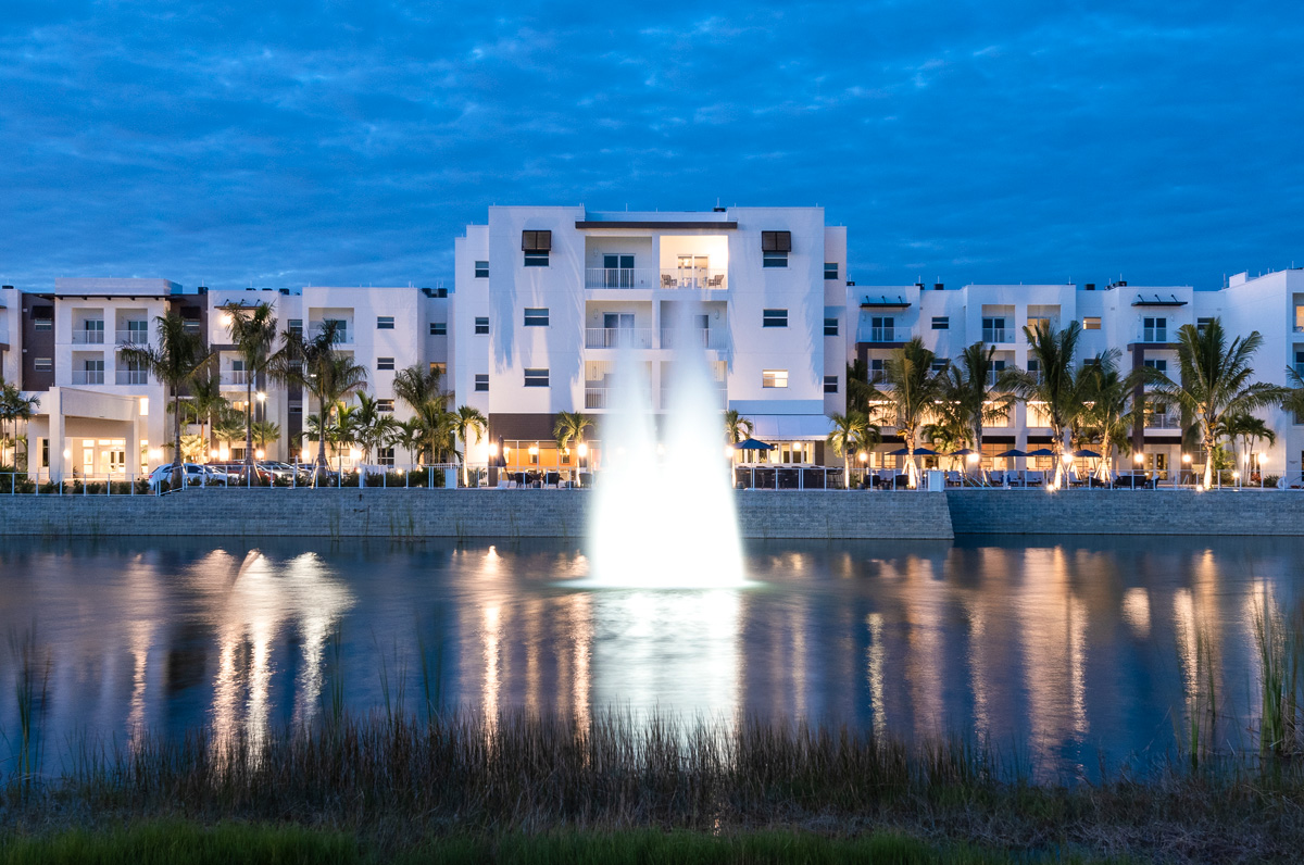 Nighttime View Of Our Signature Fountain In Front Our Casual Dining Restaurant Lakeside Grille.