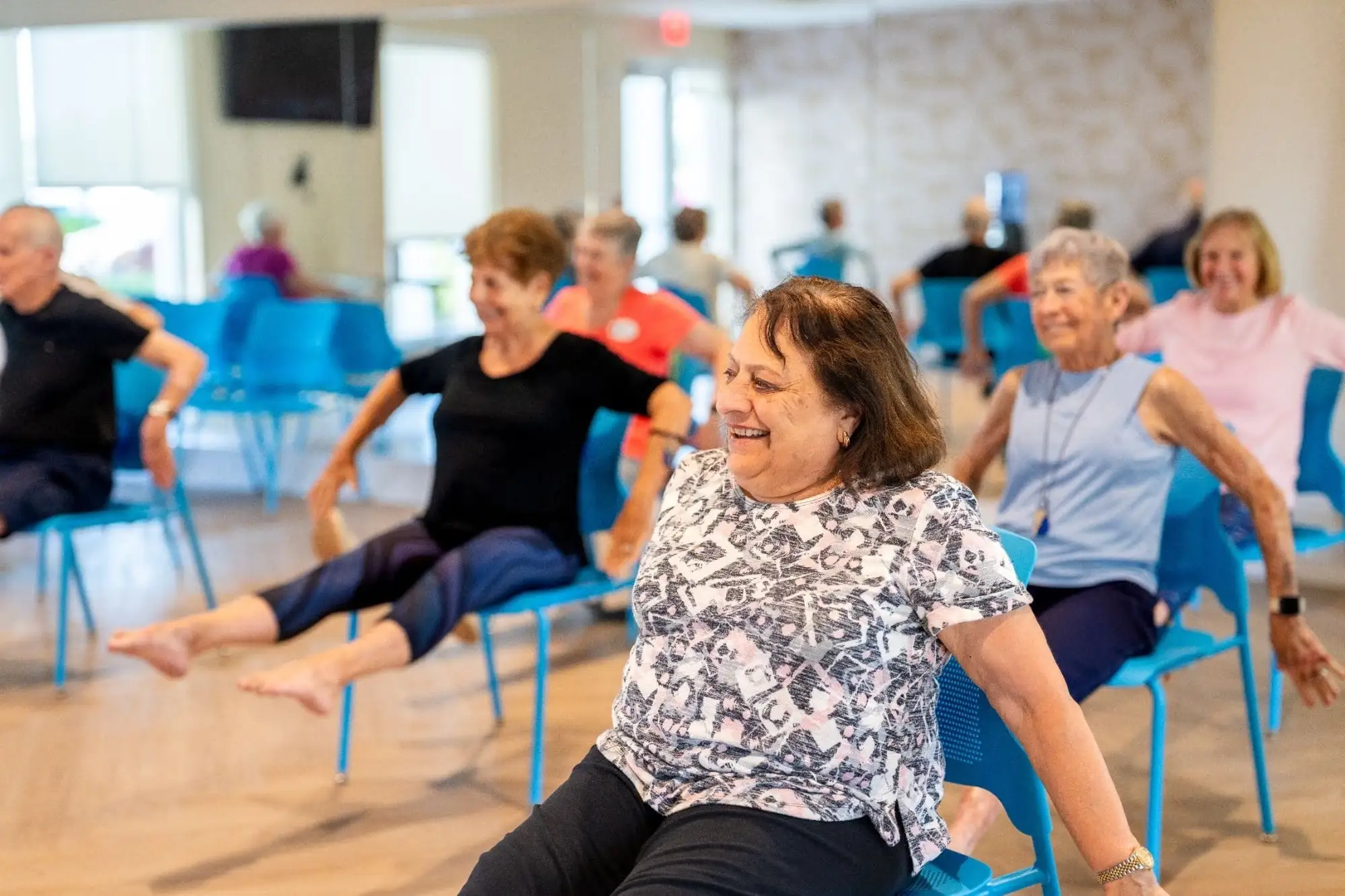 A senior group class on chair Pilates as a new initiative at Amavida to offer active senior living in Fort Myers, FL.